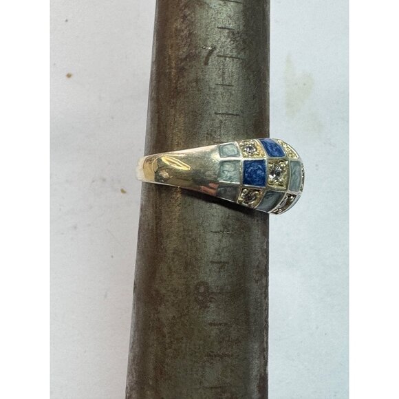 Estate Sterling Silver 925 Dome Ring Size 8 Blue Enamel & Clear Crystal Inlay - Picture 7 of 8